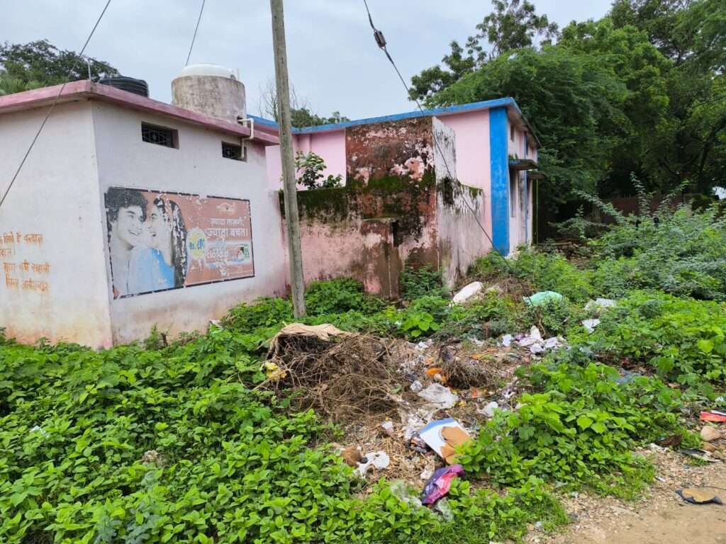 There are bushes and garbage spread around the pm shree school