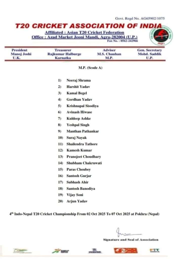 खंडवा जिले के संतोष गुर्जर का इंडो-नेपाल T20 क्रिकेट चैंपियनशिप 2025 के लिए चयन